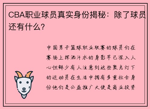 CBA职业球员真实身份揭秘：除了球员还有什么？